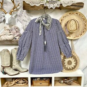 Prairie seersucker boho doll check dress w standing up collar shabby chic vibe